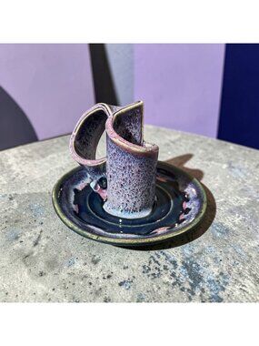 Vintage Bay Pottery Signed Purple Blue Sculptural Candlestick Holder MCM